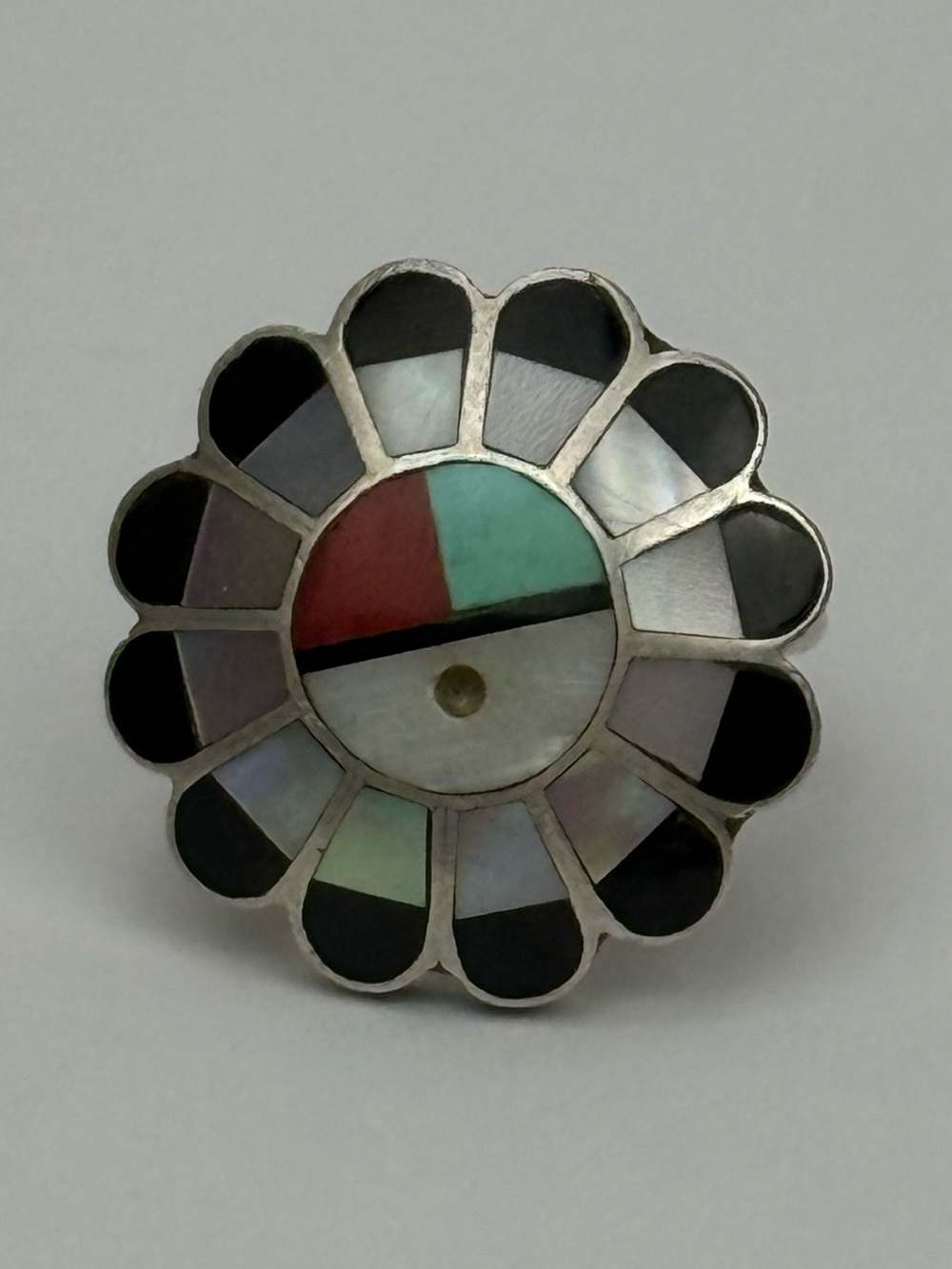 Sterling Silver Floral Inlay Ring with Turquoise, Red & Black Accents